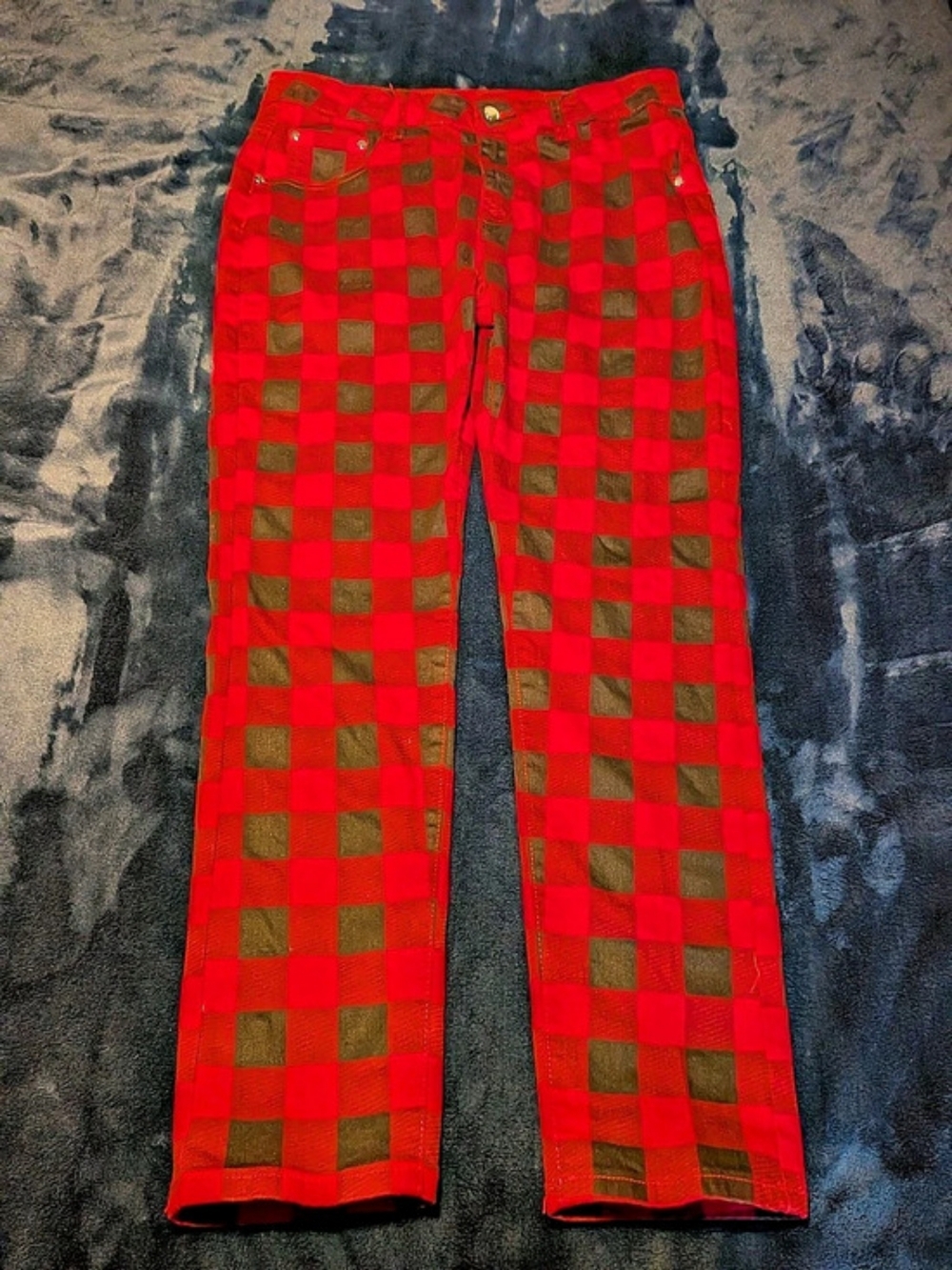 Checkered Straight Leg Pants in Red & Brown Size 34